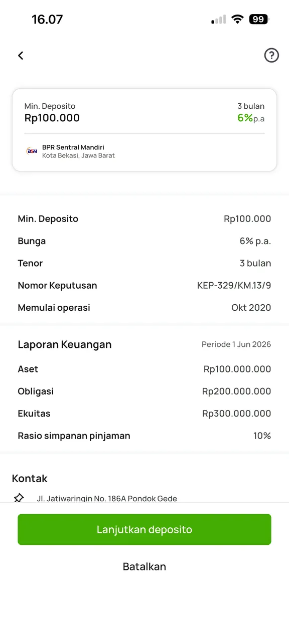 Detail penawaran deposito BPR di aplikasi Fazza: bunga, tenor, dan laporan keuangan BPR
