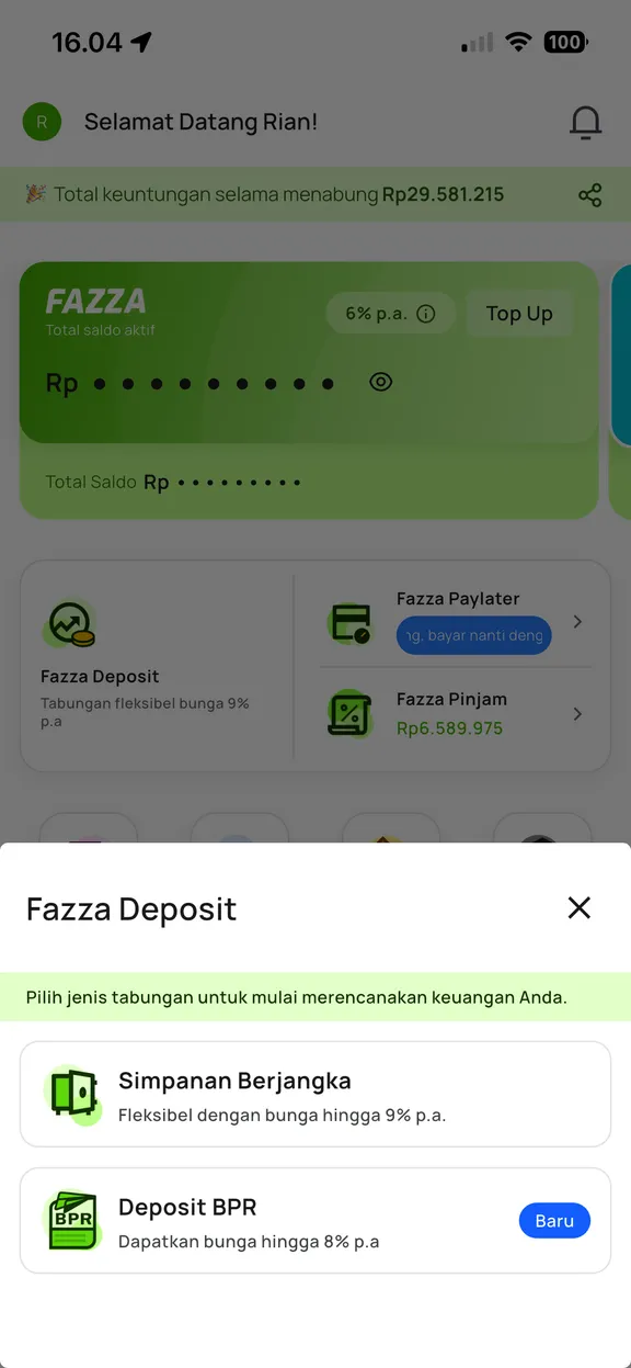 Tampilan aplikasi Fazza dengan produk Deposit BPR