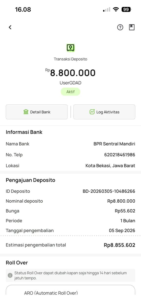 Halaman transaksi deposito di aplikasi Fazza dengan fitur Automatic Roll Over
